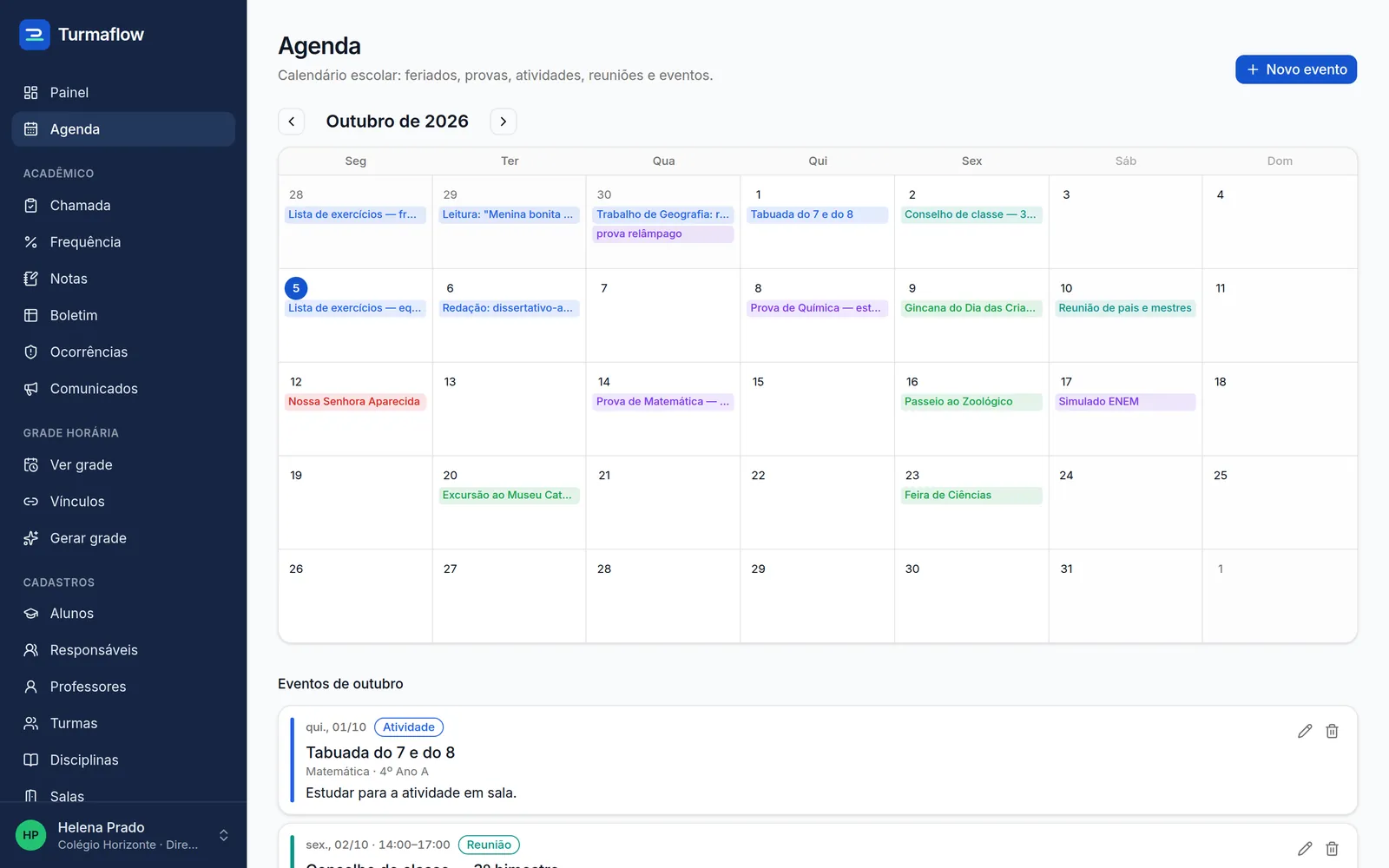 Agenda de outubro com provas, feriado, reuniões e atividades