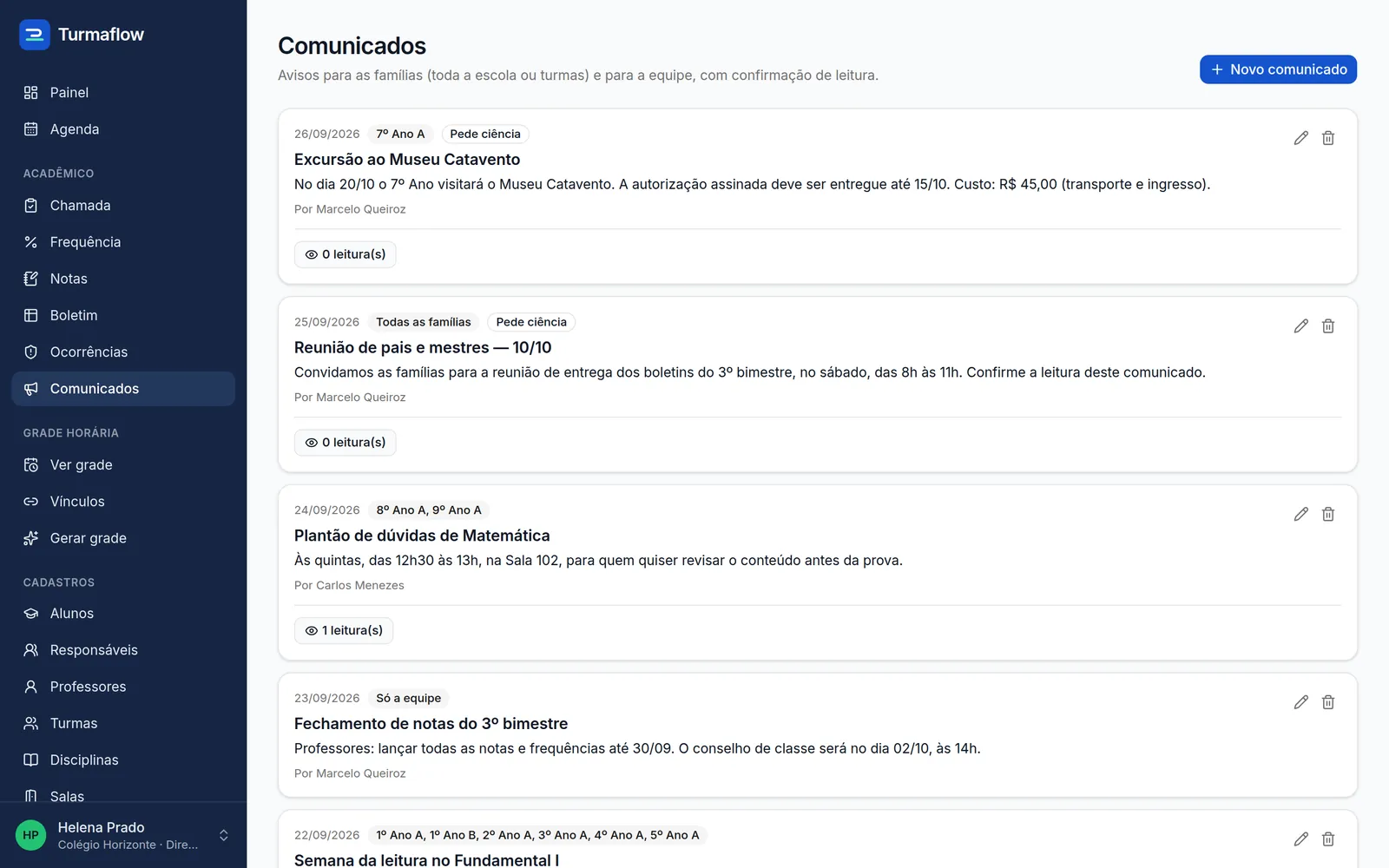 Lista de comunicados com escopo e contagem de leituras