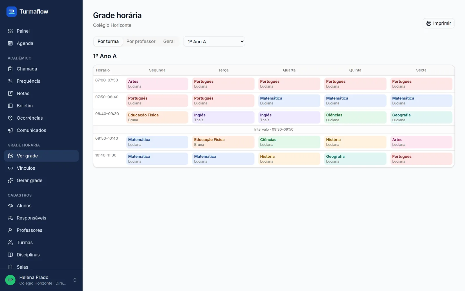 Grade horária do 1º Ano A, de segunda a sexta