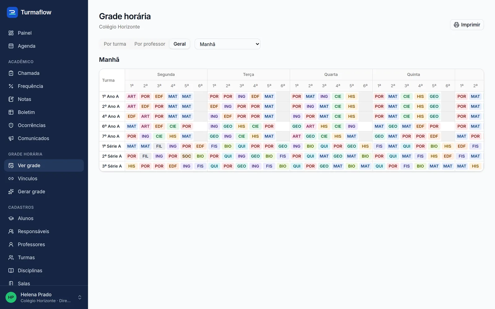 Grade geral do turno da manhã com todas as turmas