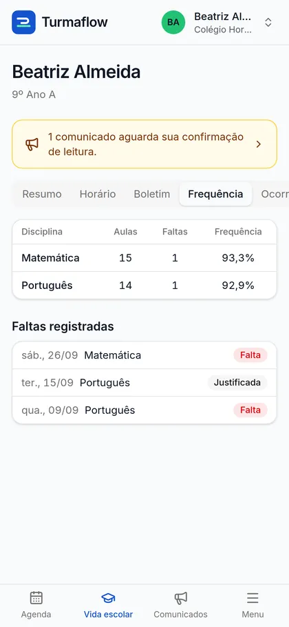 Frequência por disciplina e faltas registradas