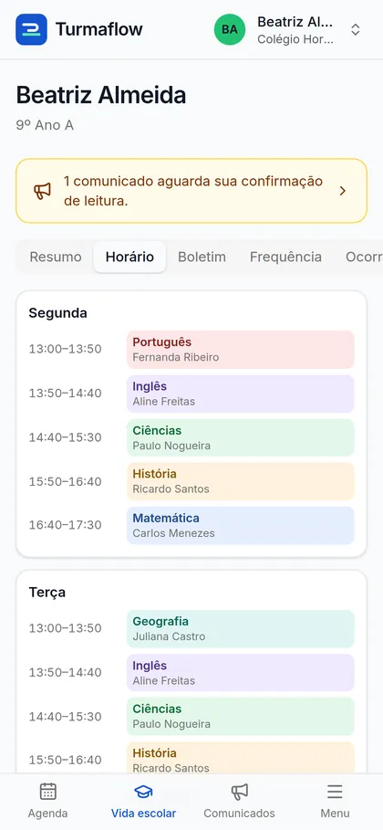 Horário semanal da aluna