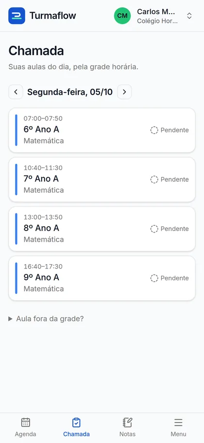 Aulas do dia do professor, com chamadas pendentes