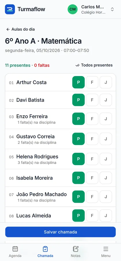 Chamada do 6º Ano A no celular, com botões P, F e J